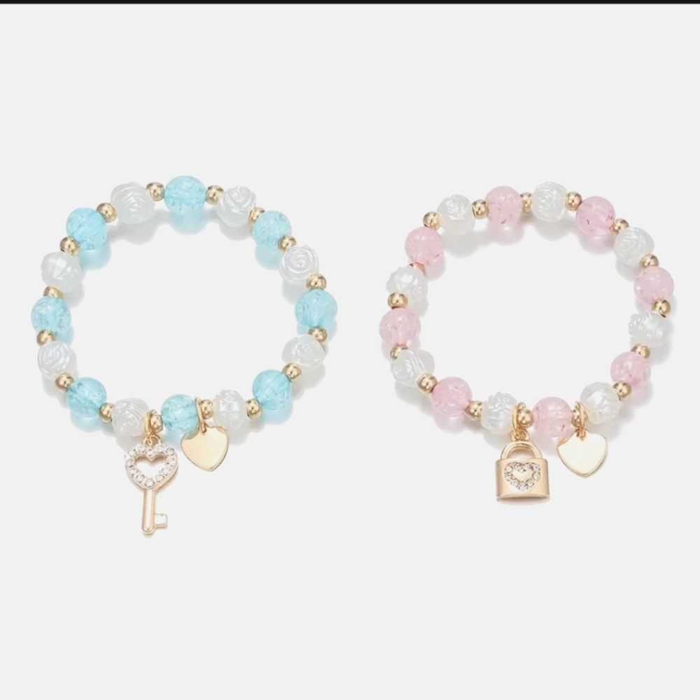 2pcs Girls Cute Lock Key Heart Pendant Bracelet, Flower Design Beaded Elastic - Picture 4 of 7
